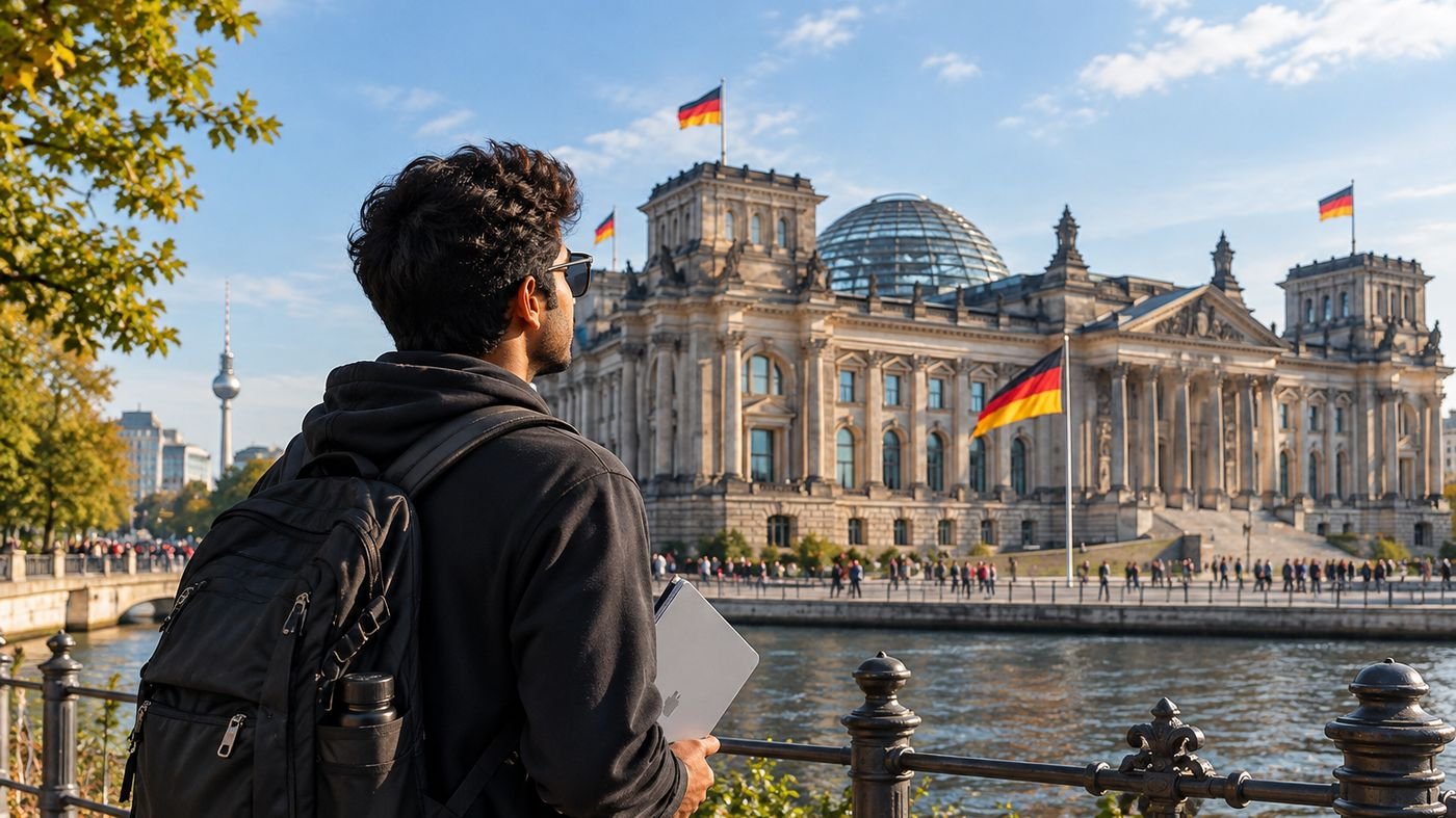 A student with a laptop looking across the river at the Reichstag in Berlin