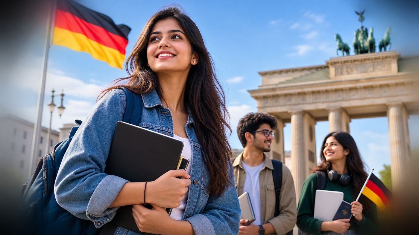 Indian students at the Brandenburg Gate in Berlin