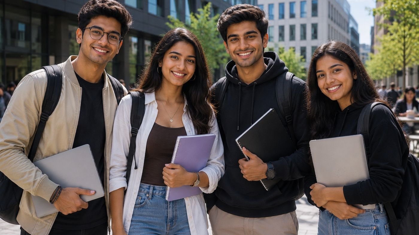 Four Indian master's applicants on a university campus